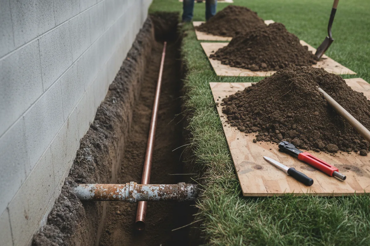 Excavated water line trench during Sewer Line Repair in Newark